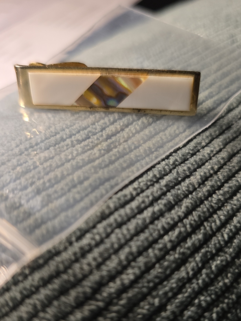 Gold Bar Pin with White Inlay and Abalone Accent/tie clip